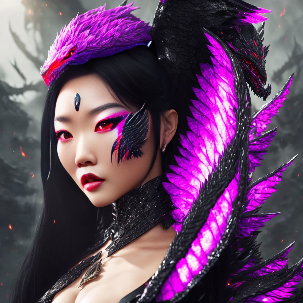 Woman in Purple Feathered Attire with Vivid Makeup in Mystical Setting