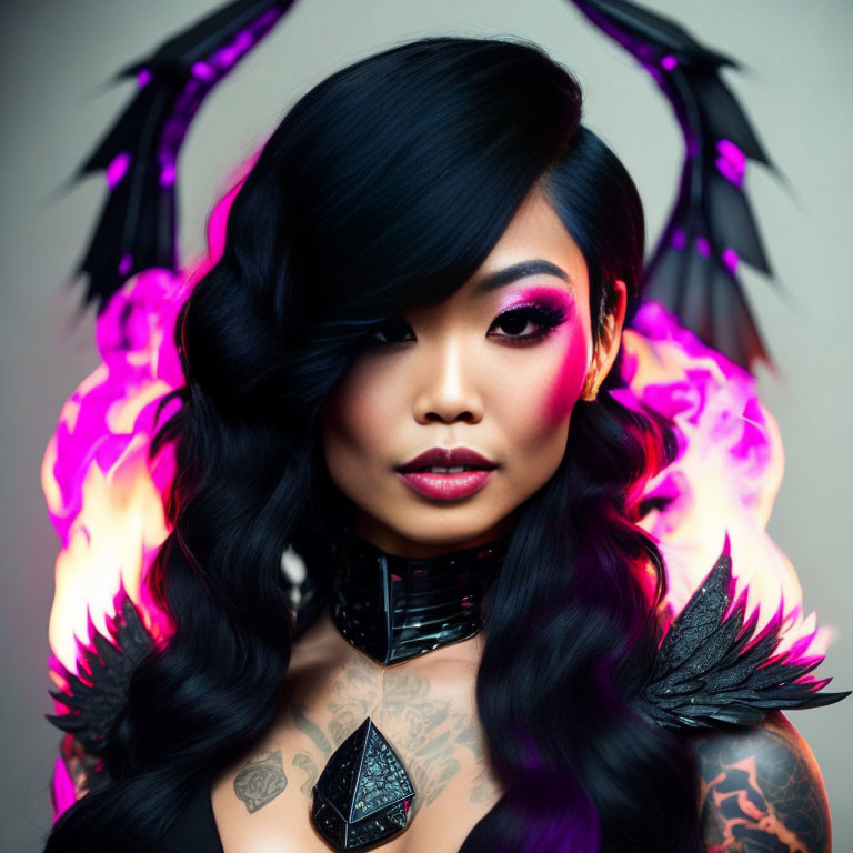 Woman with Black and Purple Winged Makeup and Feathered Accessories on Fiery Purple Background