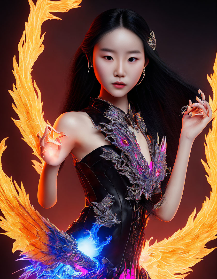 Woman in Black Dress with Dragon Embroidery Holding Fiery Phoenix in Flames