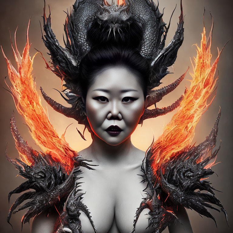 Woman with dramatic makeup and fiery crown surrounded by dragon-like creatures