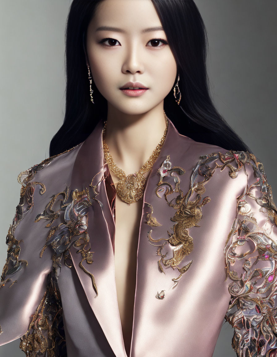 Black-Haired Woman in Pink Silk Blouse with Gold Dragon Embroidery