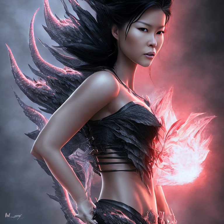Digital Artwork: Asian Woman with Dark Wings and Red Aura