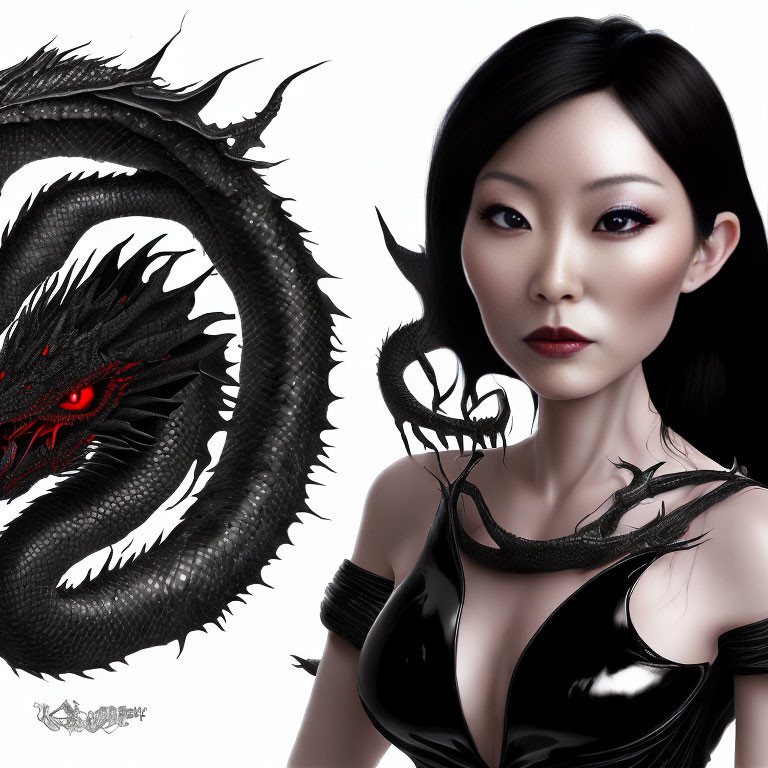 Digital artwork: Asian woman and black dragon with red eyes on white background