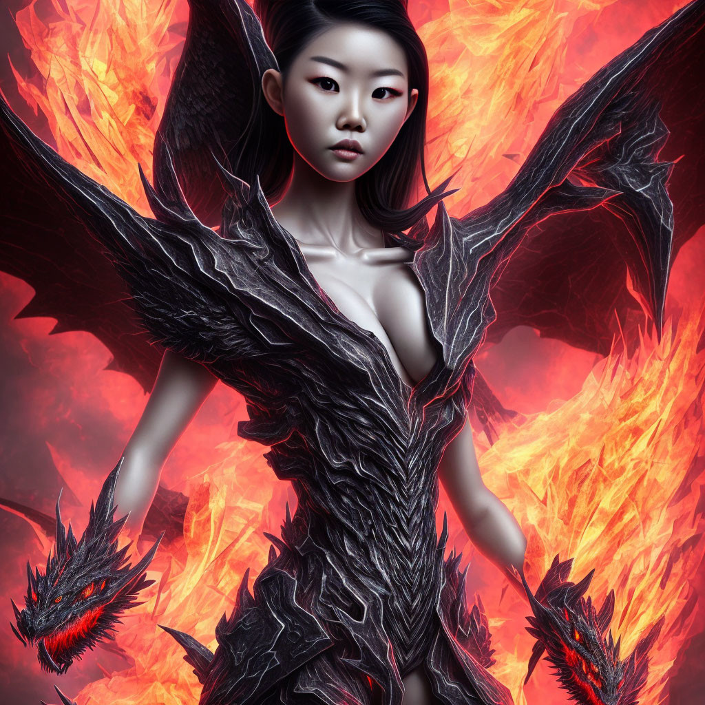 Fantasy digital artwork: Woman in dragon armor with fiery dragons