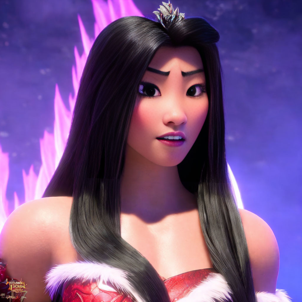 3D animated female character with long black hair and red outfit on purple background