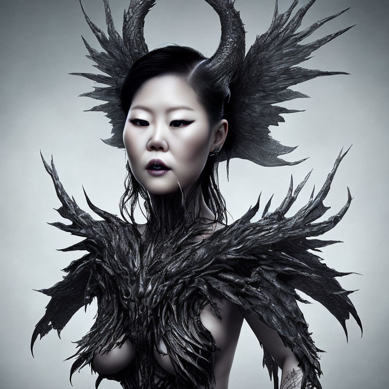 Person in dark feathery attire with horned headpiece on grey background