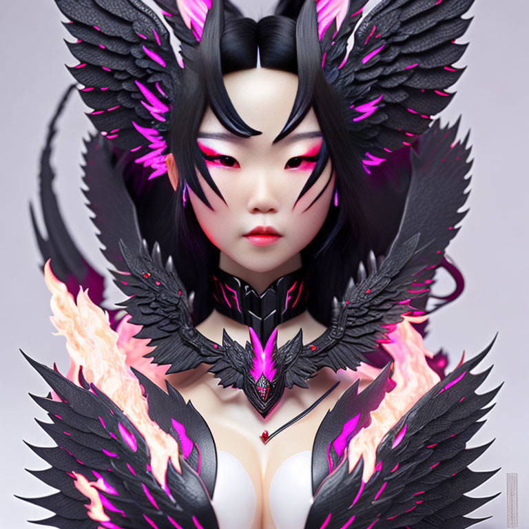 Digital Artwork: Woman with Black Wings and Dragon Necklace on Pale Background