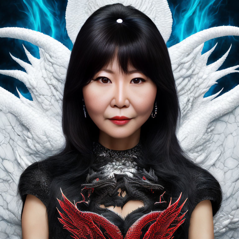 Woman with Black Hair in Dark Clothing with Red Dragon Design, Blue-White Dragon Background