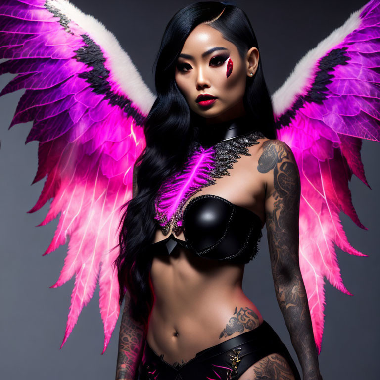 Stylized woman with pink and white wings, tattoos, bold makeup, and black attire on grey