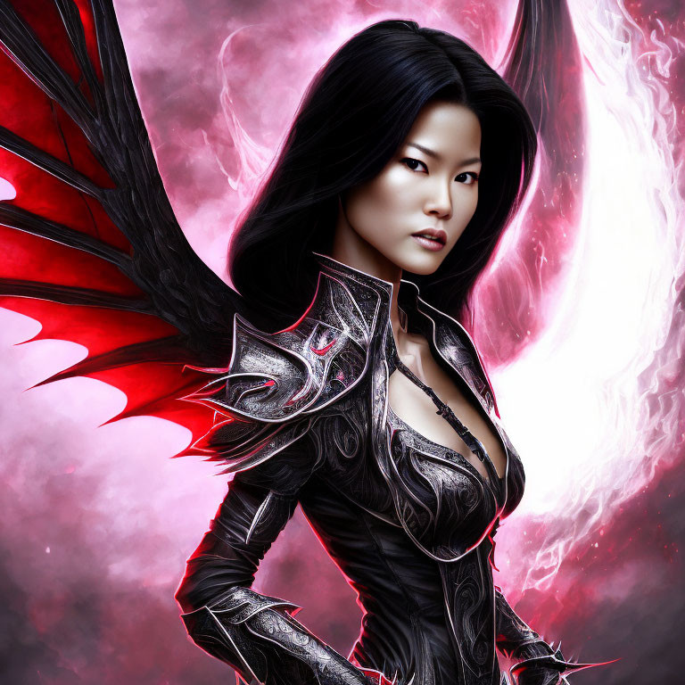 Digital artwork of woman in dark armor with red wings and energy portal.