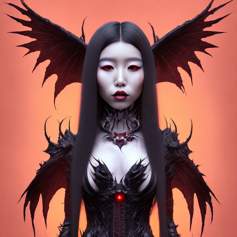 Fantasy portrait of female figure with dark angel wings and gothic attire