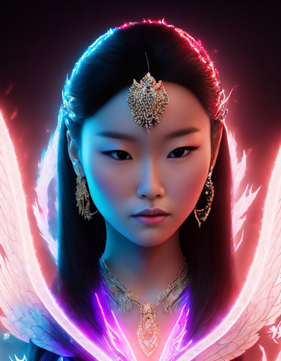 Digital artwork: Woman with neon wings & traditional jewelry on dark mystical background
