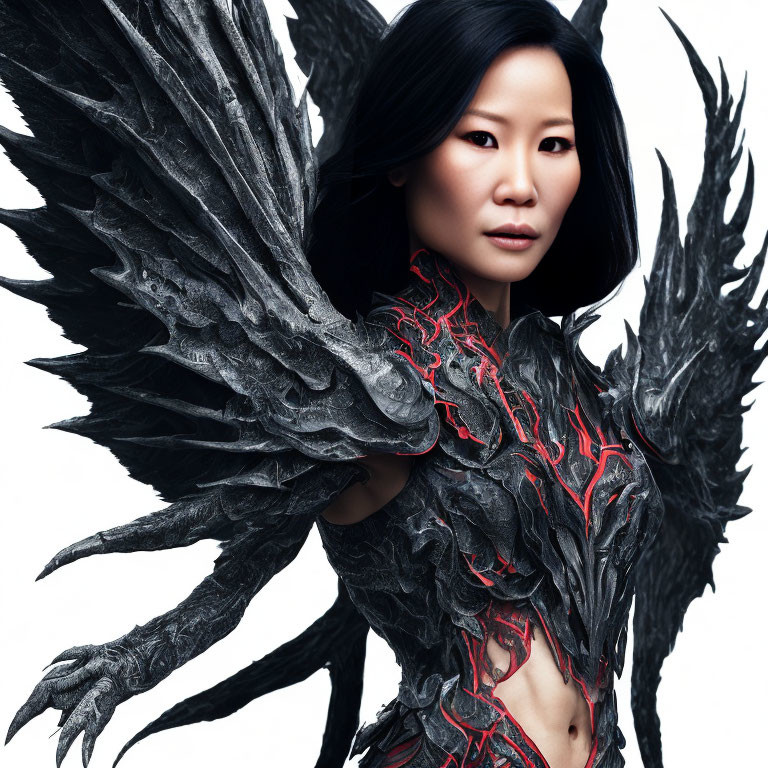 Intense gaze person in dark feathered wings and red detailed armor.