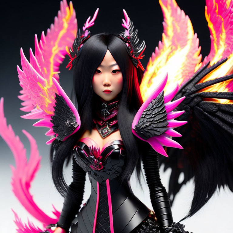 Digital artwork of female figure with black hair and fiery wings in dark fantasy outfit