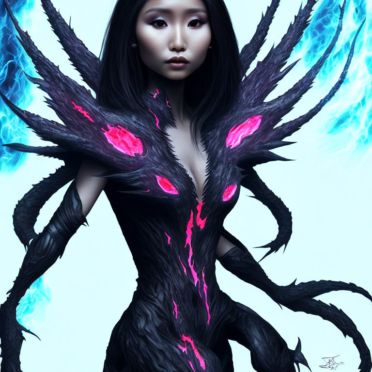 Digital Artwork: Woman in Dark Armor with Pink Accents and Blue Flames