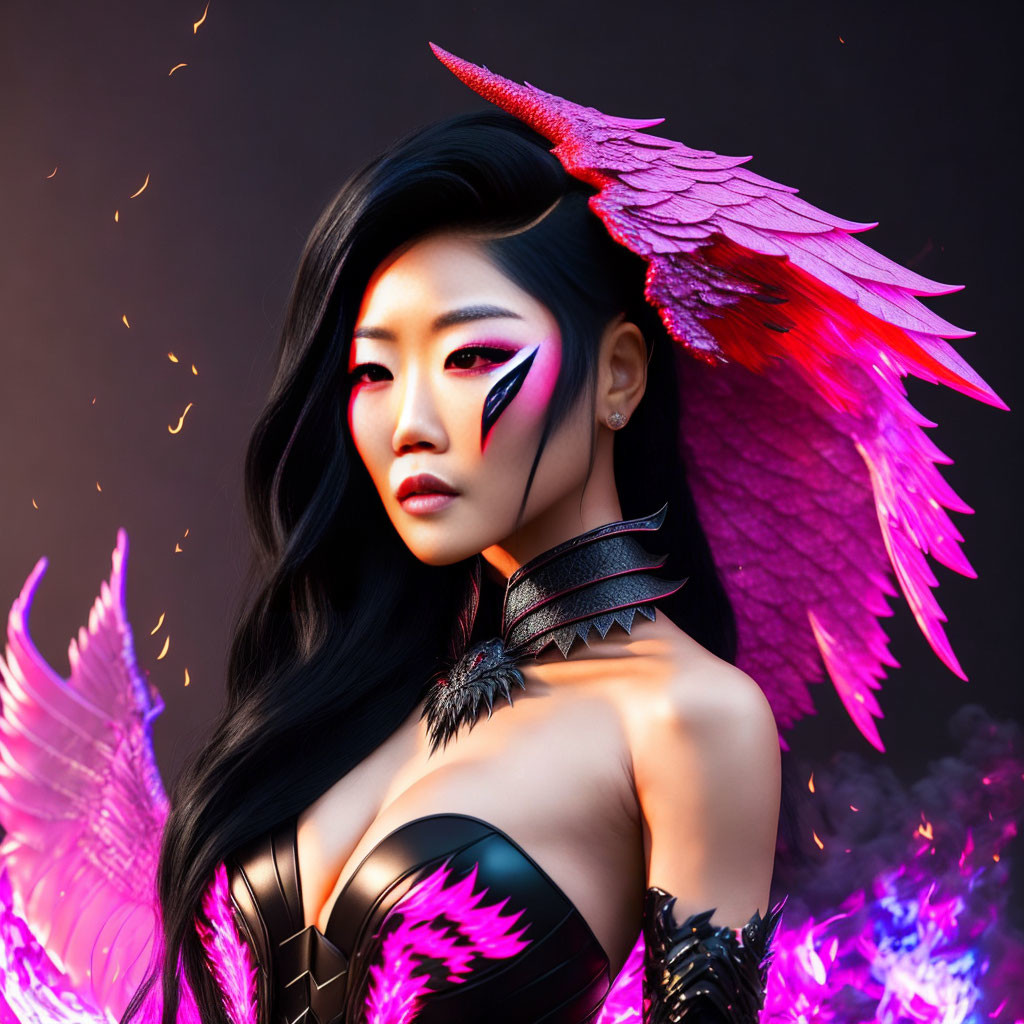 Digital Artwork: Woman with Pink Wings and Purple Flames