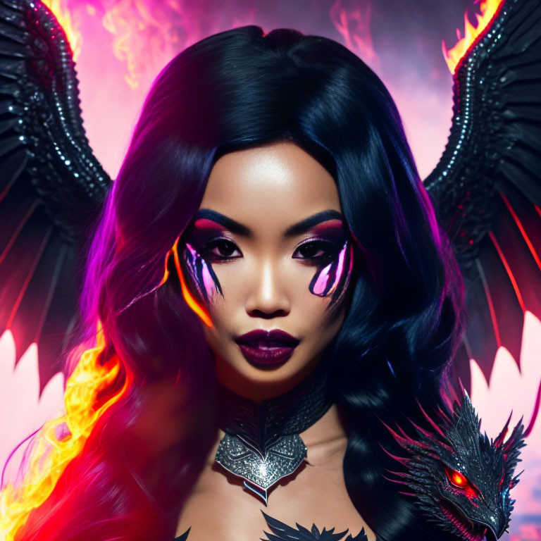 Dark-haired woman with dramatic makeup and dragon figure in fiery backdrop