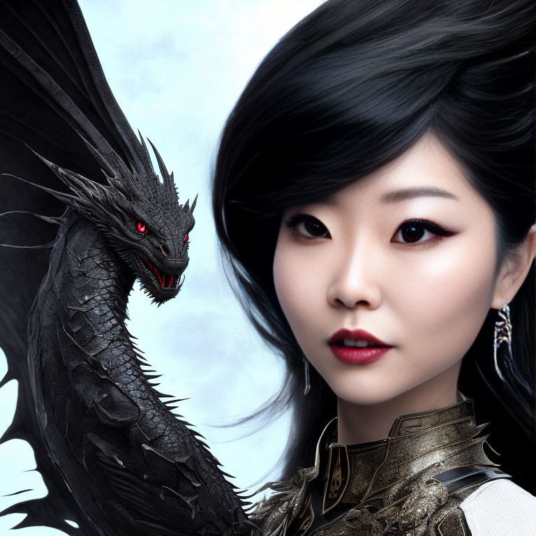 Black-haired woman and red-eyed dragon against sky background