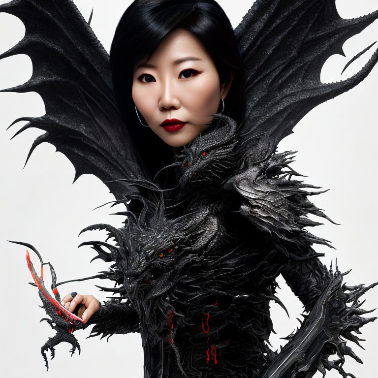 Woman in black dragon-inspired attire with wing-like structures holding red-tipped object
