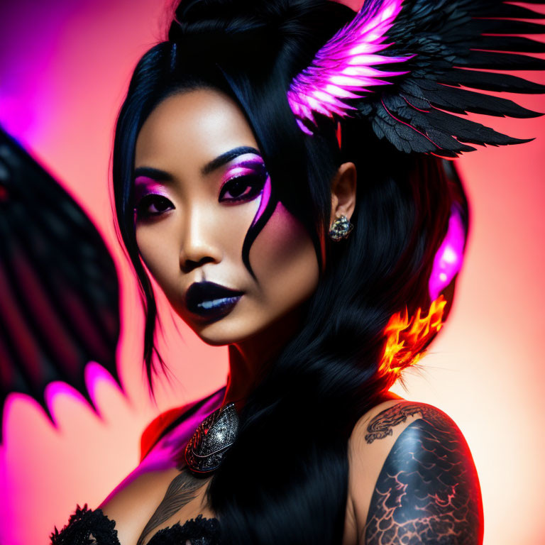 Woman with dramatic winged makeup and dark angel wings against vibrant pink and blue background