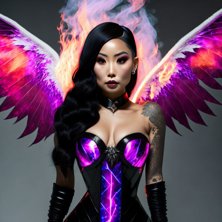 Woman with winged fire effects, purple glowing corset, wavy dark hair, and arm tattoos