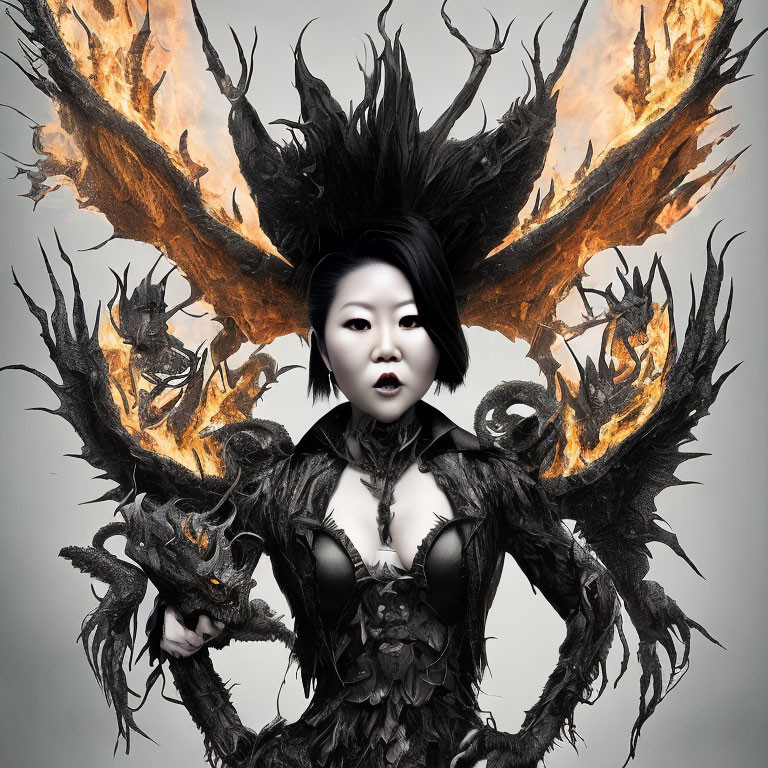 Woman in dramatic dark costume with wing-like flames and dragon motifs on grey background