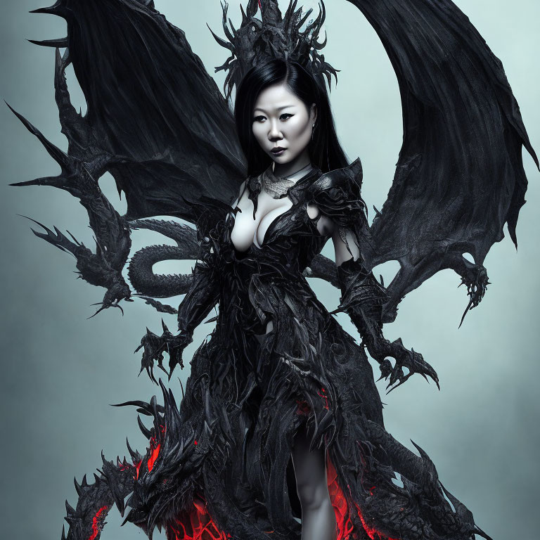 Elaborate dragon-themed woman in dark costume with wings and horns
