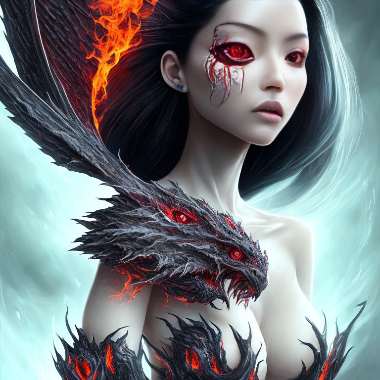 Digital art of woman with ethereal appearance, fiery dragon-like shoulder creature, and injured eye