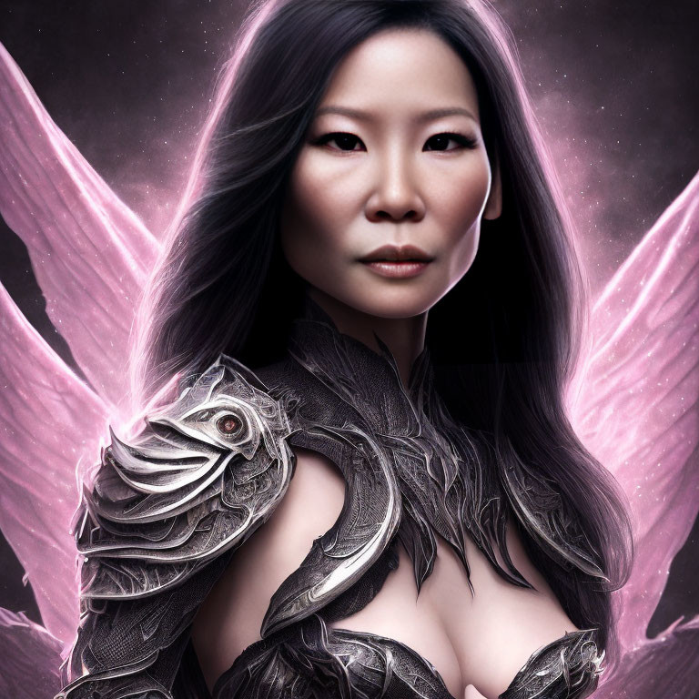 Person with Pink Wings and Fantasy Armor in Cosmic Setting