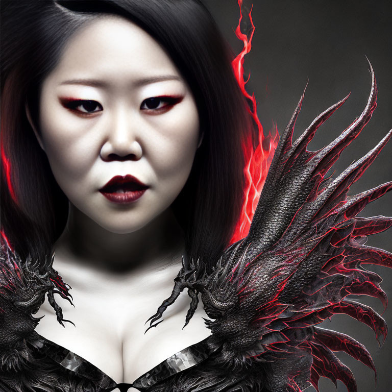 Woman with Red Eyes and Black Feathers in Red Energy on Dark Background
