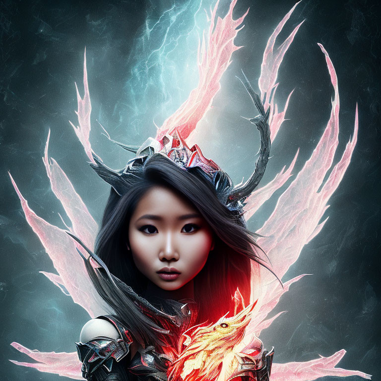 Fantasy portrait of woman with fiery wings and phoenix in dramatic setting