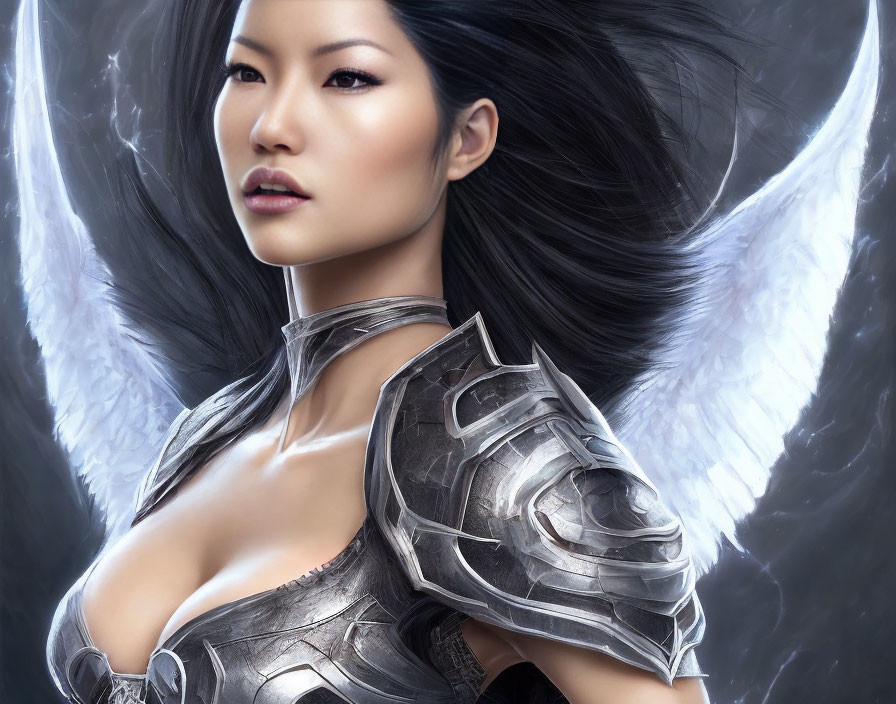 Asian Woman with White Angel Wings in Silver Fantasy Armor on Dark Background