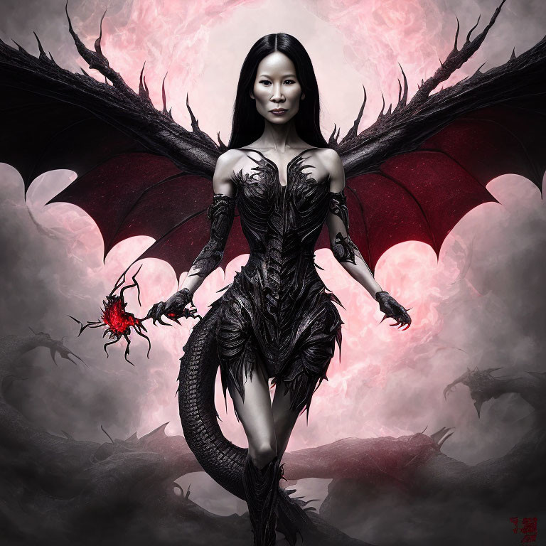 Fantasy artwork of woman with dragon wings, armor, and fiery orb in misty setting