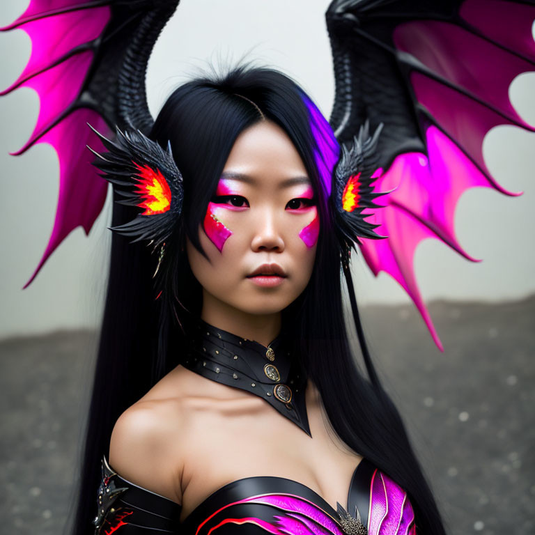 Vibrant face paint and pink/black winged accessories on person in dark embellished costume