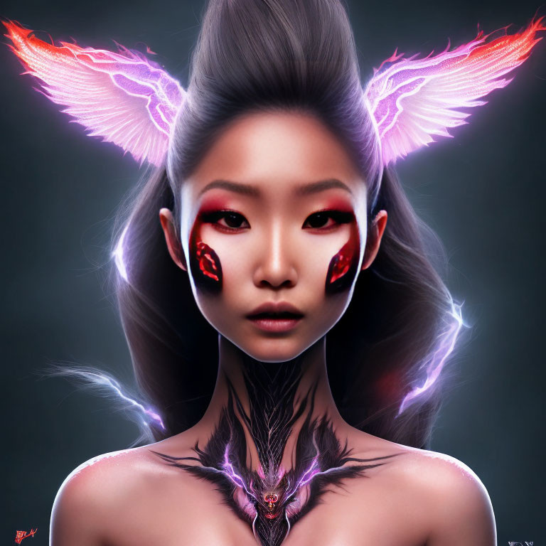 Digital artwork of woman with glowing pink fairy wings and intricate bat motif neckpiece