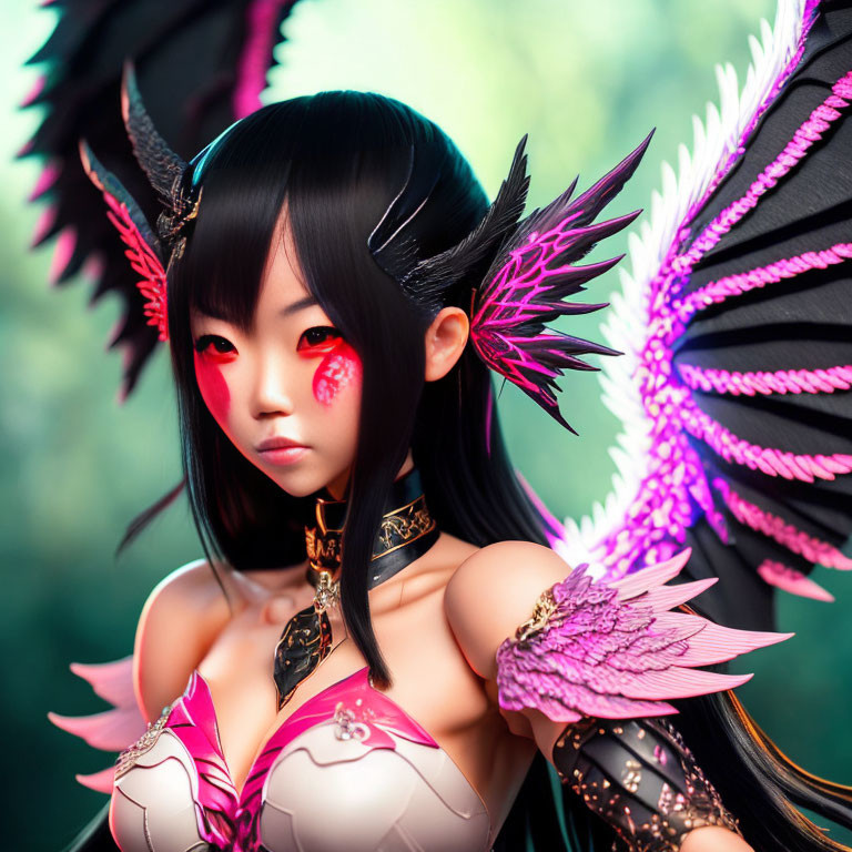 Fantasy character digital artwork with black hair, red eyes, dark wings, and horned headpiece