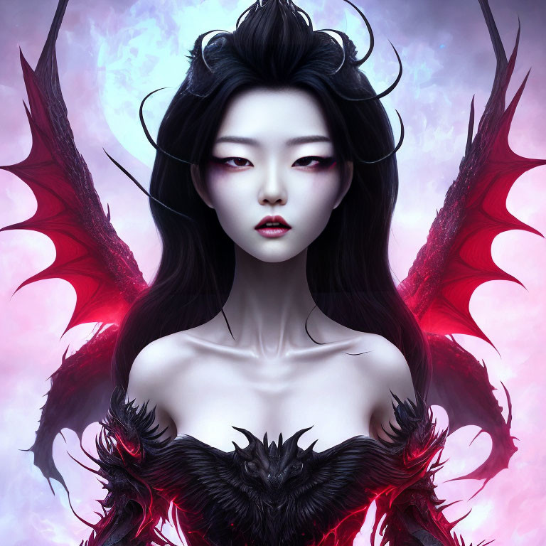 Fantastical female character with dark hair and red eyes, featuring elaborate black and red wings
