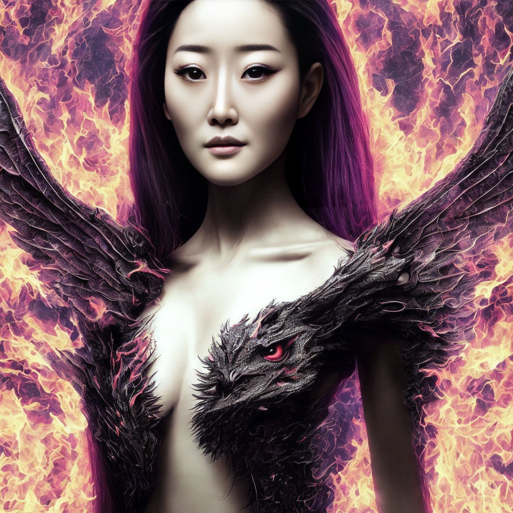 Fantasy-themed art: Woman with violet hair and fiery dragon-like wings.