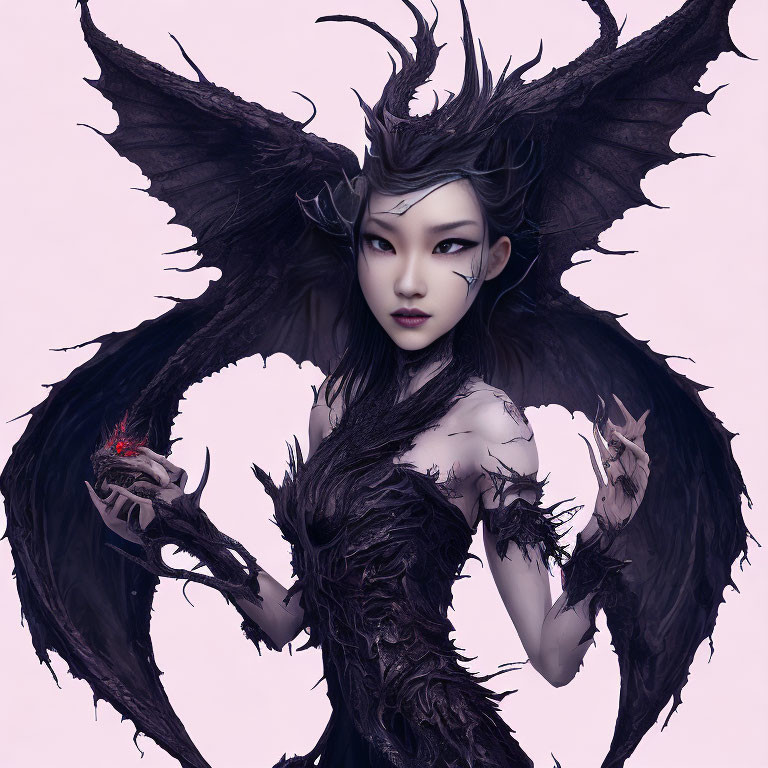 Fantasy digital artwork of female character with dark wings and intricate attire