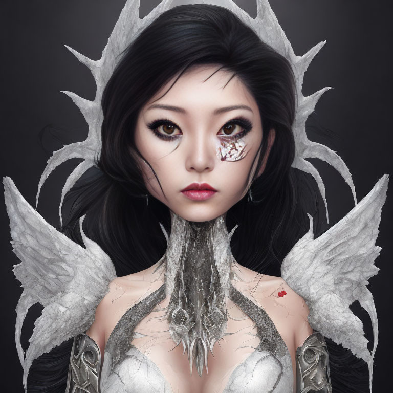 Detailed digital portrait of woman with dark hair, dragon crown, shoulder armor, and face tattoo