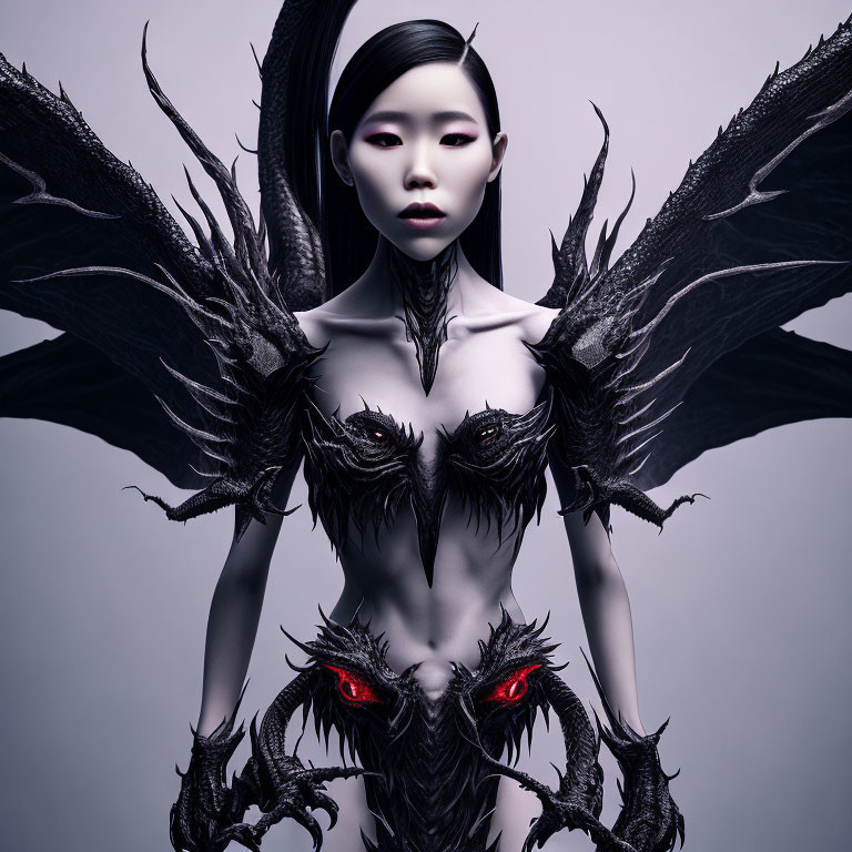 Dark Winged Costume Woman with Intense Red Eyes in Fantasy Theme