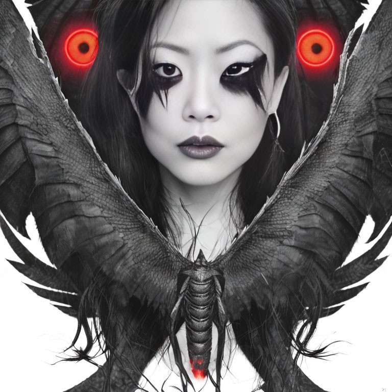 Dark Makeup Woman with Red-Eyed Raven Wings on Light Background