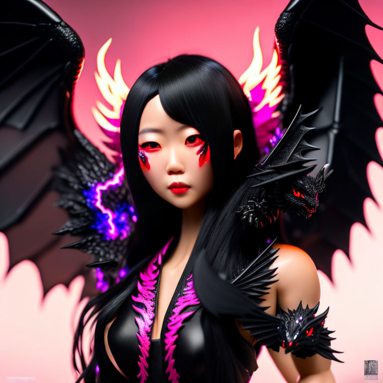 Fantasy character with black wings and red eyes in fiery theme against pink backdrop