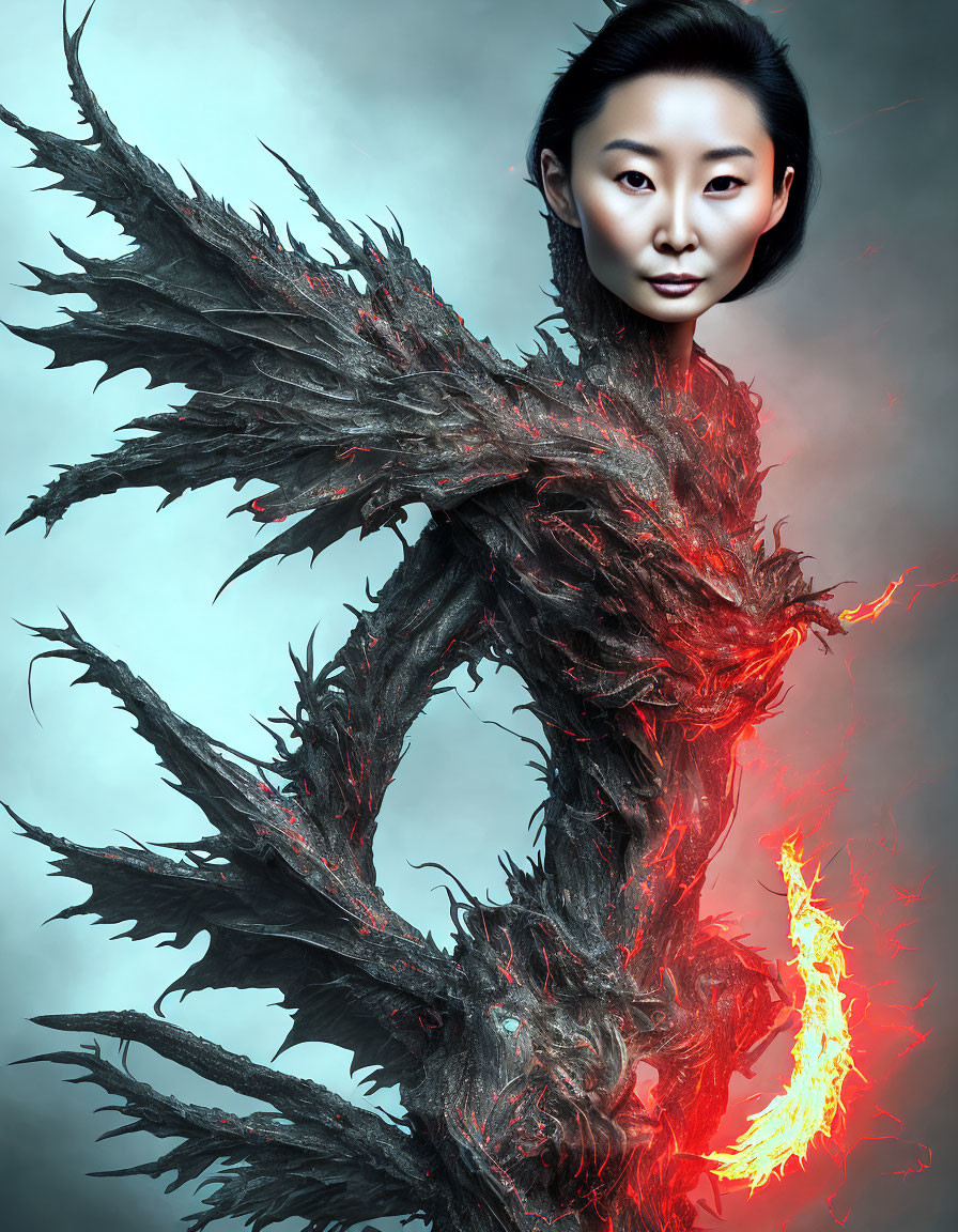 Woman with intricate fiery dragon shoulder piece and calm expression