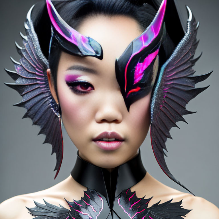 Person with dramatic makeup and fantasy-themed black and pink horns and wings.