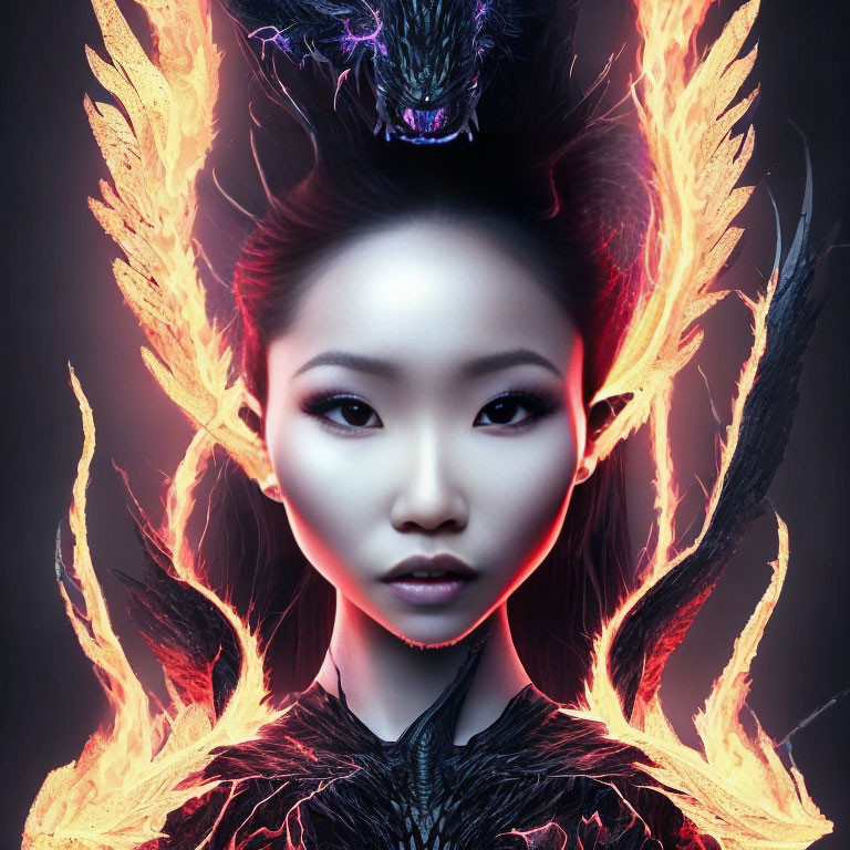 Ethereal woman with fiery orange wings and dark attire