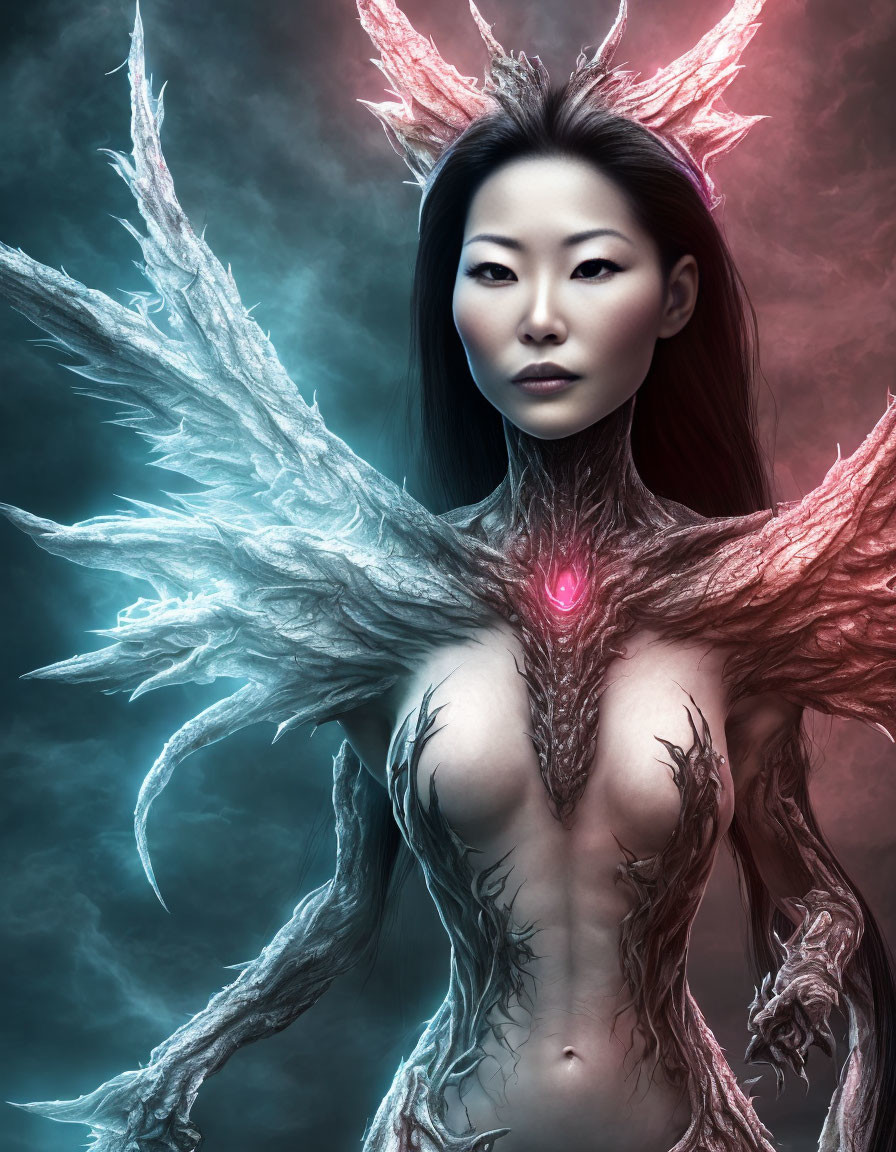 Asian-inspired mystical creature with icy wings, glowing gem, twig textures, and intense gaze