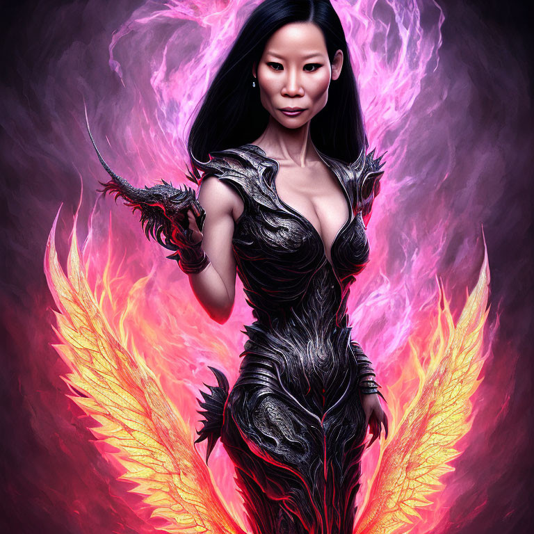 Fantasy female character in black armor with fiery wings and spiked whip on purple background