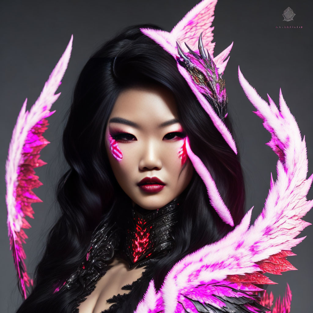 Woman adorned in pink and white feathers with dramatic makeup and dark attire