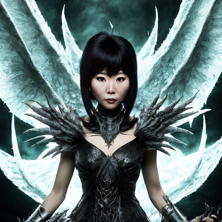 Dark-haired woman in ornate dress with spiky shoulders and luminescent wings on dark background
